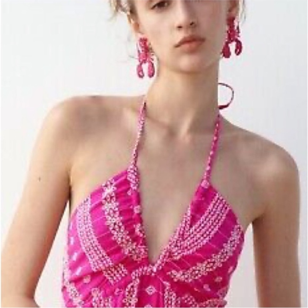 Zara limited edition openwork work embroidered cotton halter midi dress - Picture 9 of 16